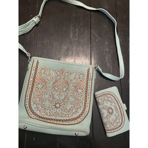 American Bling Aqua Blue Western Embroidered Studded Crossbody Bag & Wallet Set